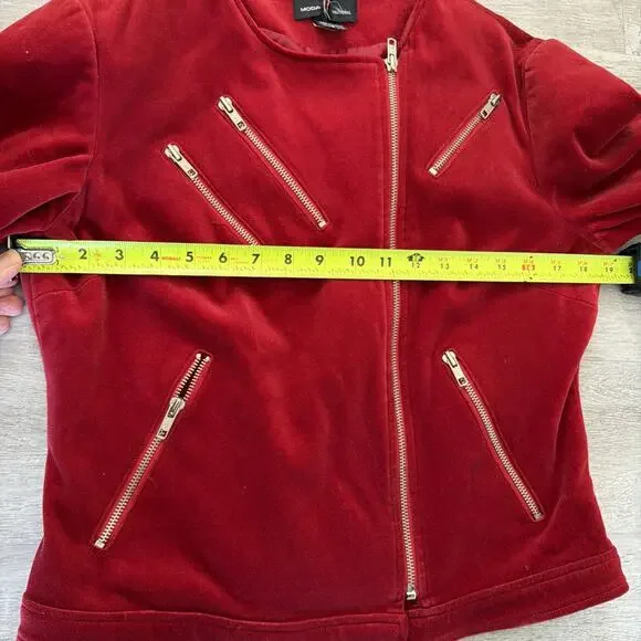 MODA International Velvet Moto Jacket Zip Up Vintage Style Red Sz 8 Lined - Picture 3 of 10